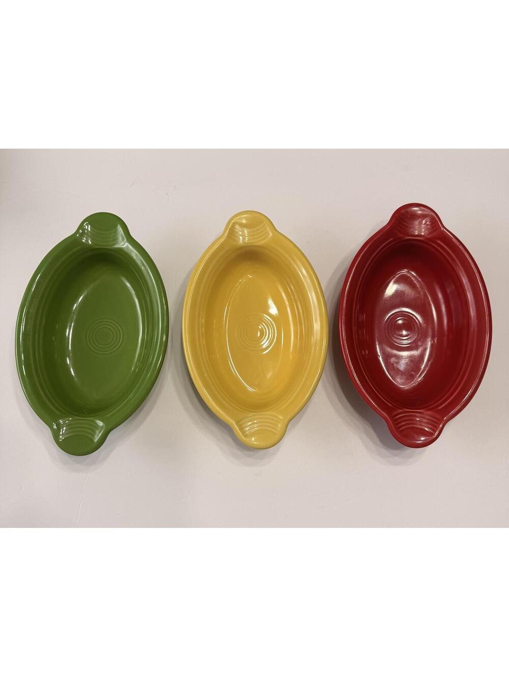 Fiesta Set of 3 Oval Casserole Au Gratin Baker 9" Dish HLC USA Red Yellow Green